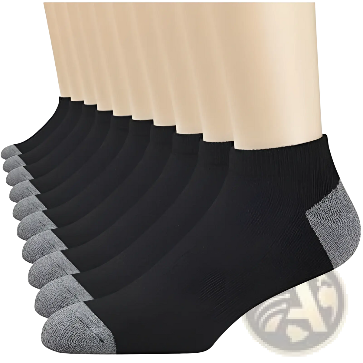 Men low cut black ankle socks with gray toe and heel accents sweat absorbent for athletic use on mannequin legs