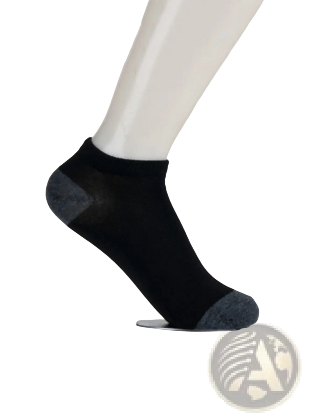 Black men low cut ankle sock with gray reinforced toe and heel designed for sweat absorbent athletic use