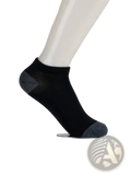 Black men low cut ankle sock with gray reinforced toe and heel designed for sweat absorbent athletic use