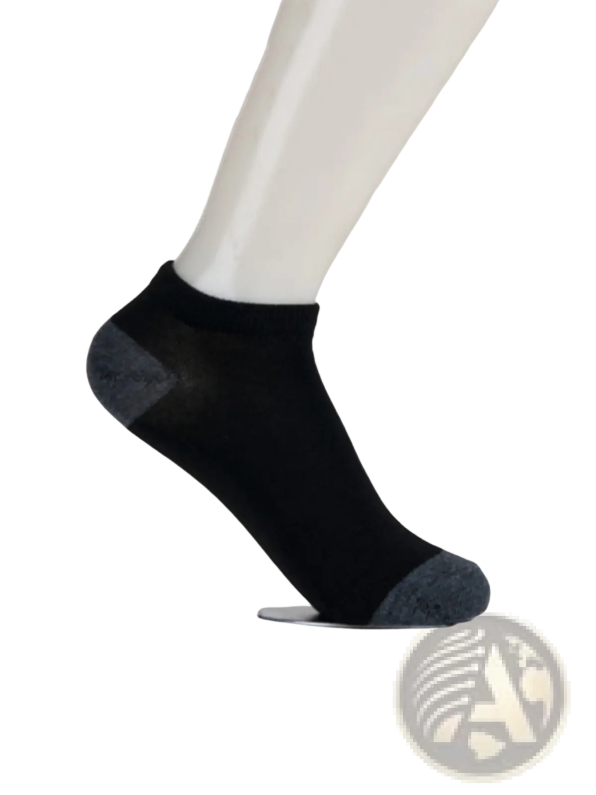 Black men low cut ankle sock with gray reinforced toe and heel designed for sweat absorbent athletic use