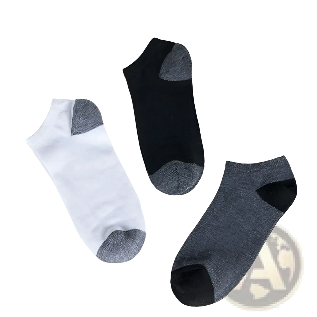 Three pairs of men low cut athletic ankle socks in white black and heather gray with contrasting toe and heel sections