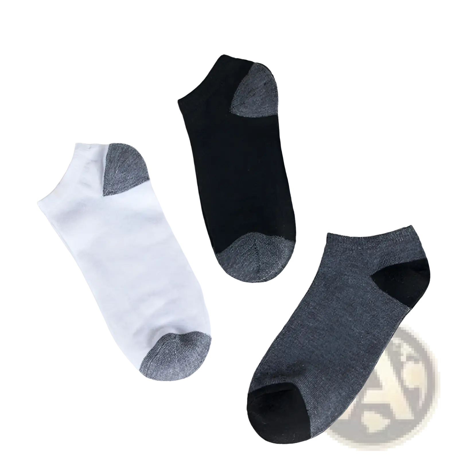 Three pairs of men low cut athletic ankle socks in white black and heather gray with contrasting toe and heel sections