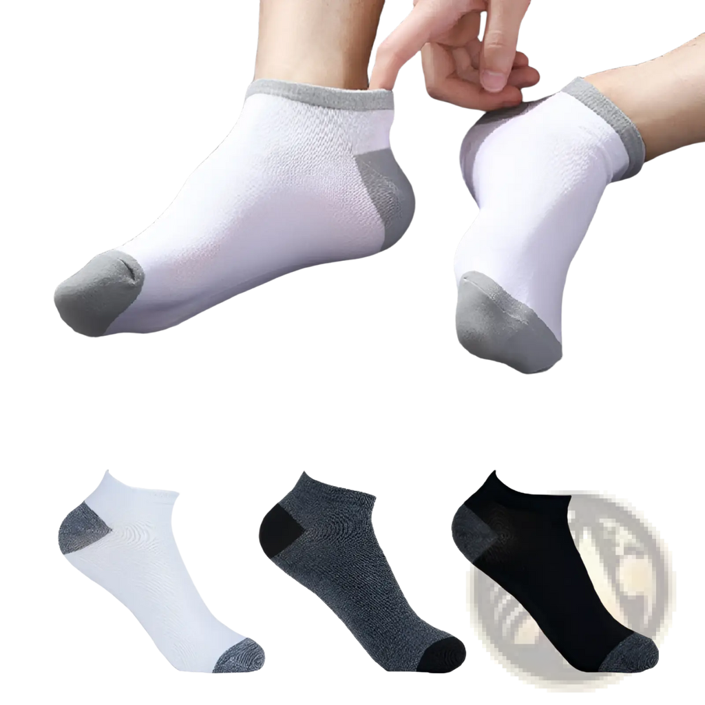Men low cut white and gray ankle socks with textured knit and reinforced toe and heel for athletic sweat absorbent use
