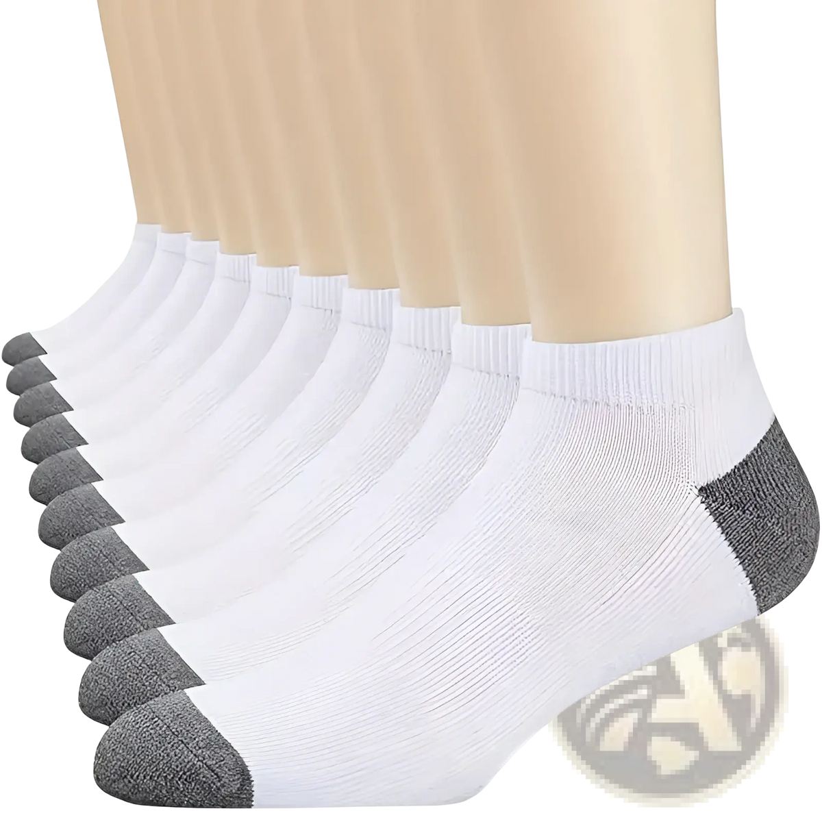 Men low cut socks in white and gray with ribbed cuff and reinforced toe and heel for athletic sweat absorption
