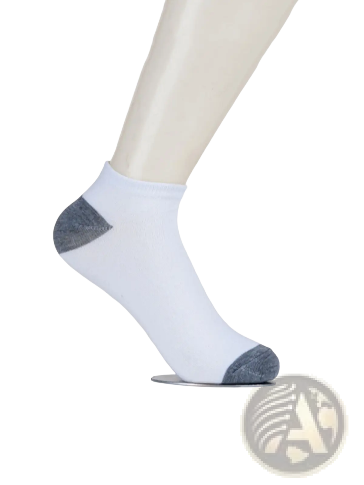 Men low cut ankle socks in white with gray heel and toe accents designed for sweat absorption and athletic use