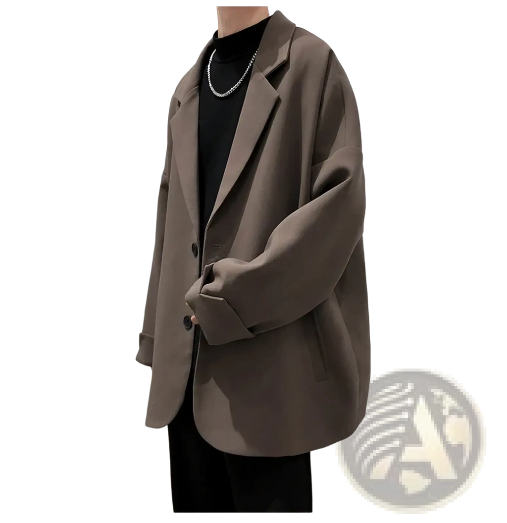 Men luxury oversized blazer jacket in beige with a loose fit single-breasted design and two front buttons