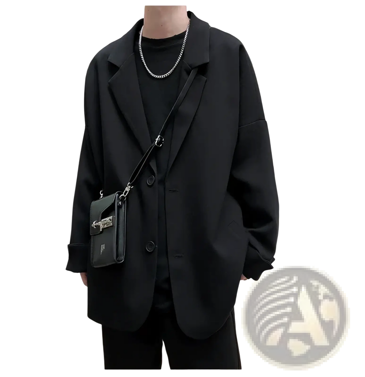 Black leather crossbody bag with silver metal clasp and chain strap complementing men luxury oversized blazer jacket