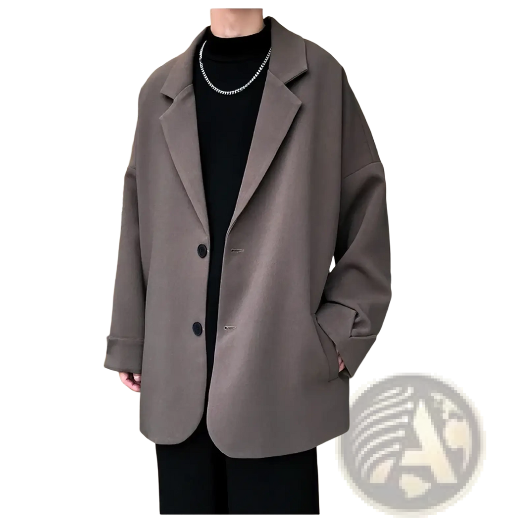 Men luxury oversized blazer jacket in gray with black buttons and relaxed fit for stylish formal wear