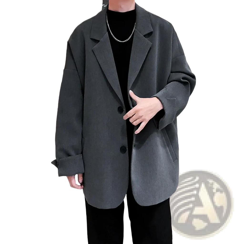 Men luxury oversized blazer jacket in gray with black buttons and relaxed fit for stylish formal wear
