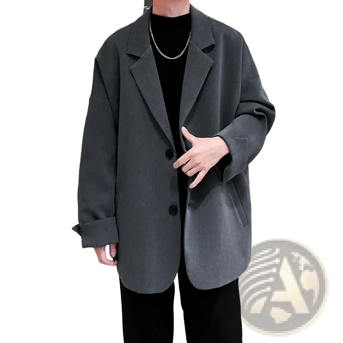 Men luxury oversized blazer jacket in gray with black buttons and relaxed fit for stylish formal wear