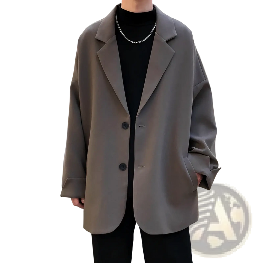 Men luxury oversized blazer jacket in muted gray with loose fit and classic double-breasted design with black buttons