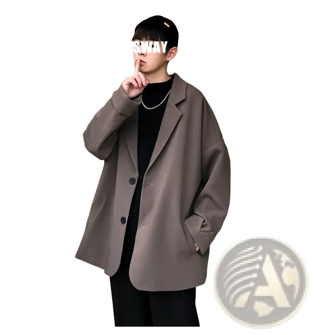 Men luxury oversized gray blazer jacket with modern cut and black buttons in a sleek design