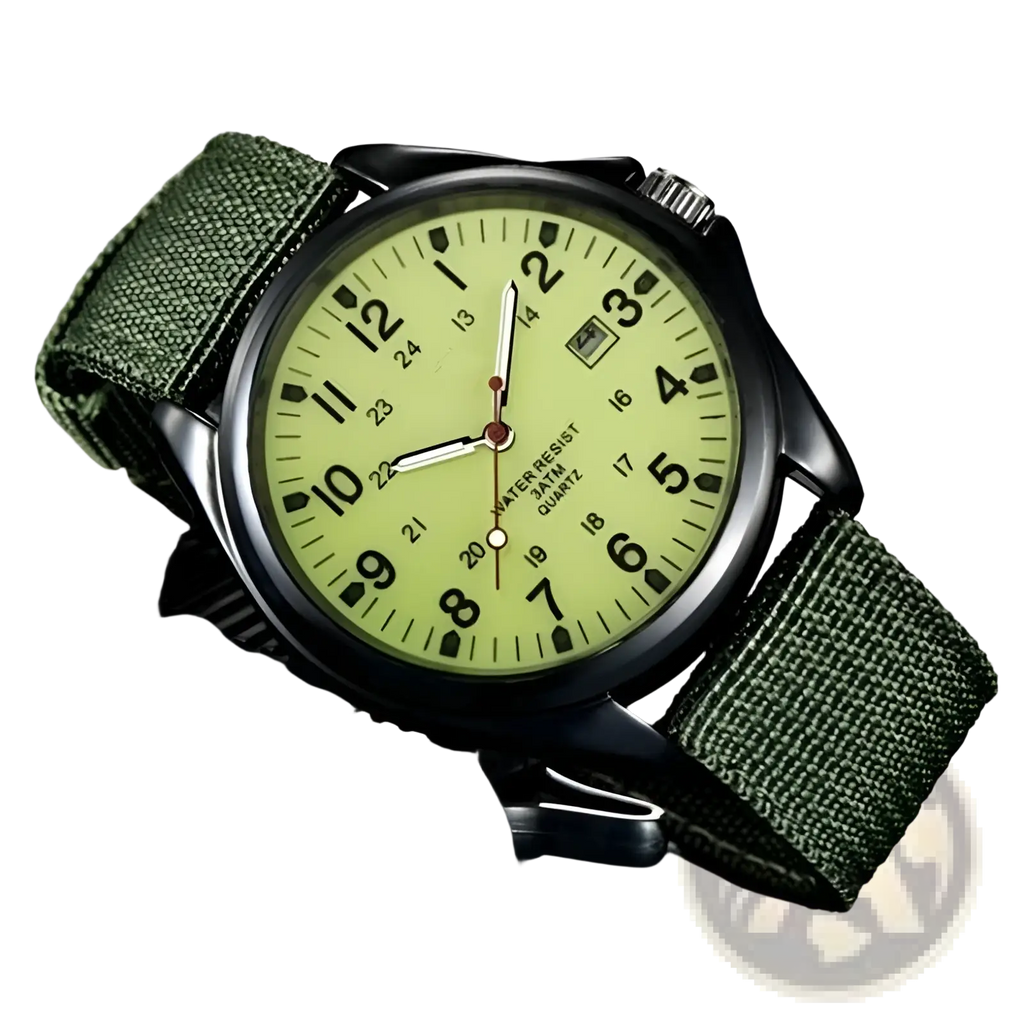Men luxury quartz watch with luminous yellow dial, black case, and olive green nylon strap, waterproof and tactical
