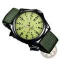 Men luxury quartz watch with luminous yellow dial, black case, and olive green nylon strap, waterproof and tactical