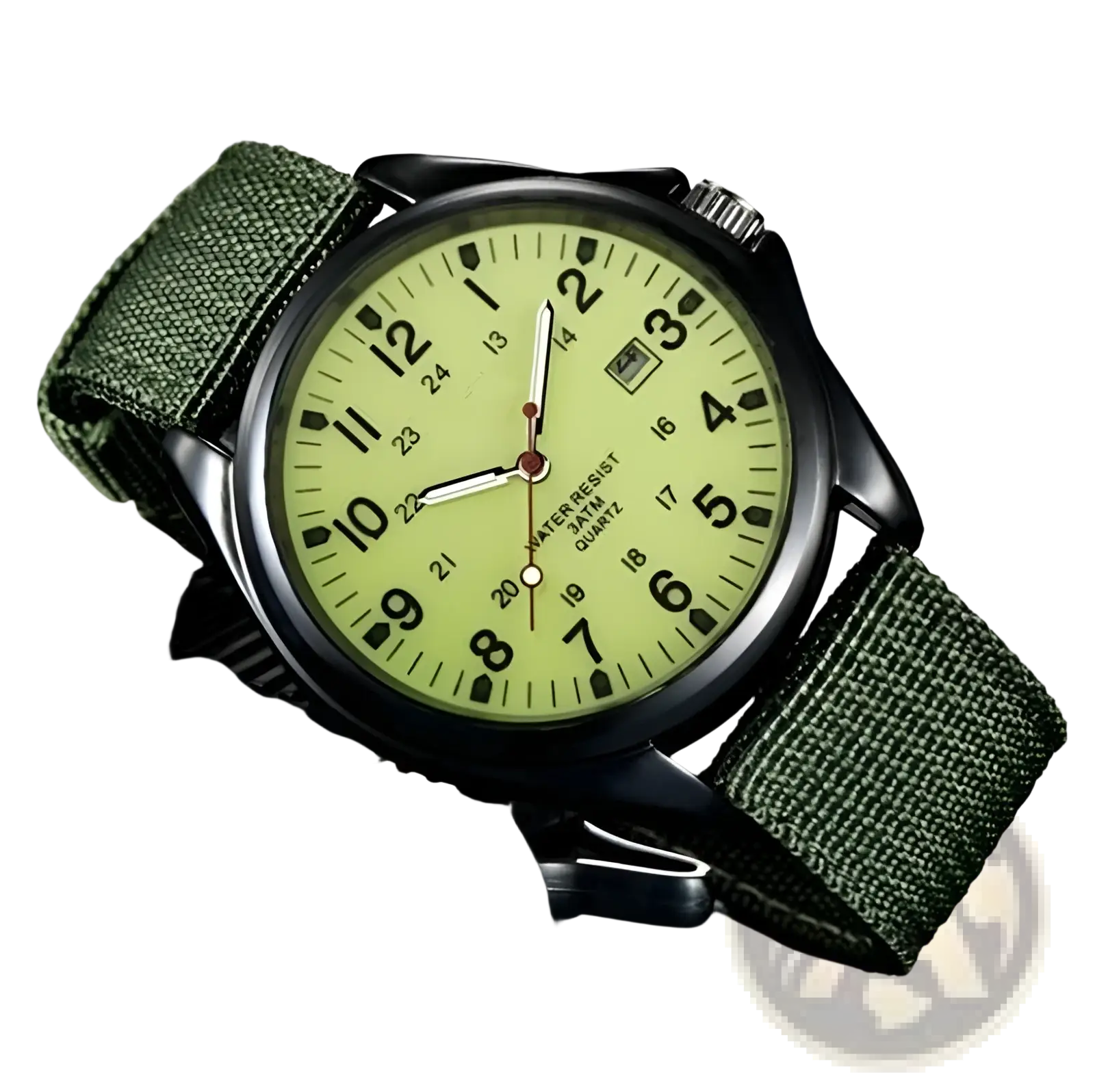 Men luxury quartz watch with luminous yellow dial, black case, and olive green nylon strap, waterproof and tactical