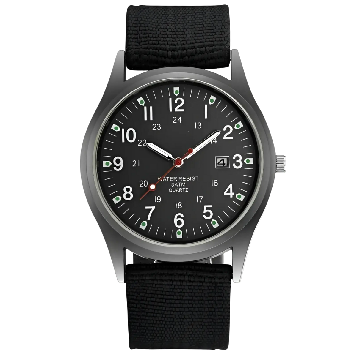 Men luxury quartz watch with matte gray case black fabric strap and luminous green dial markers waterproof design