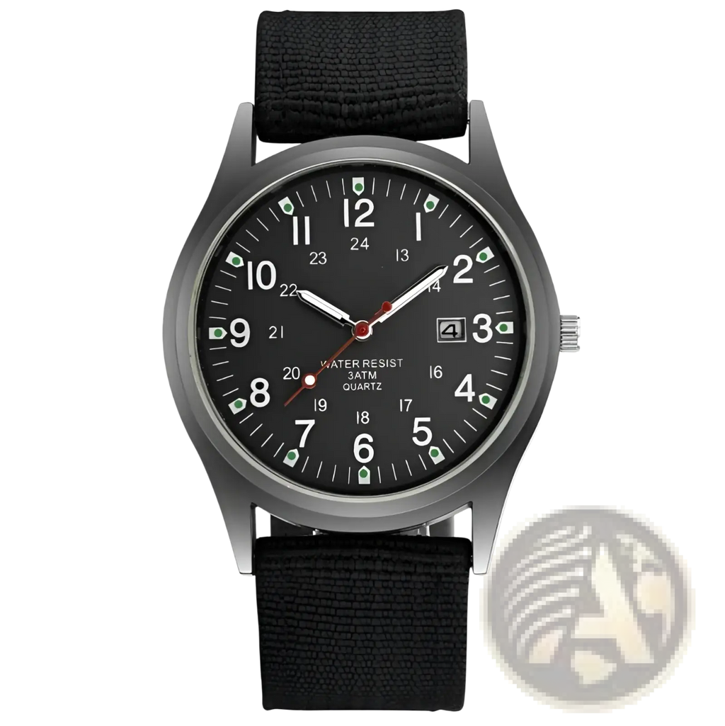 Men luxury quartz watch with matte gray case black fabric strap and luminous green dial markers waterproof design