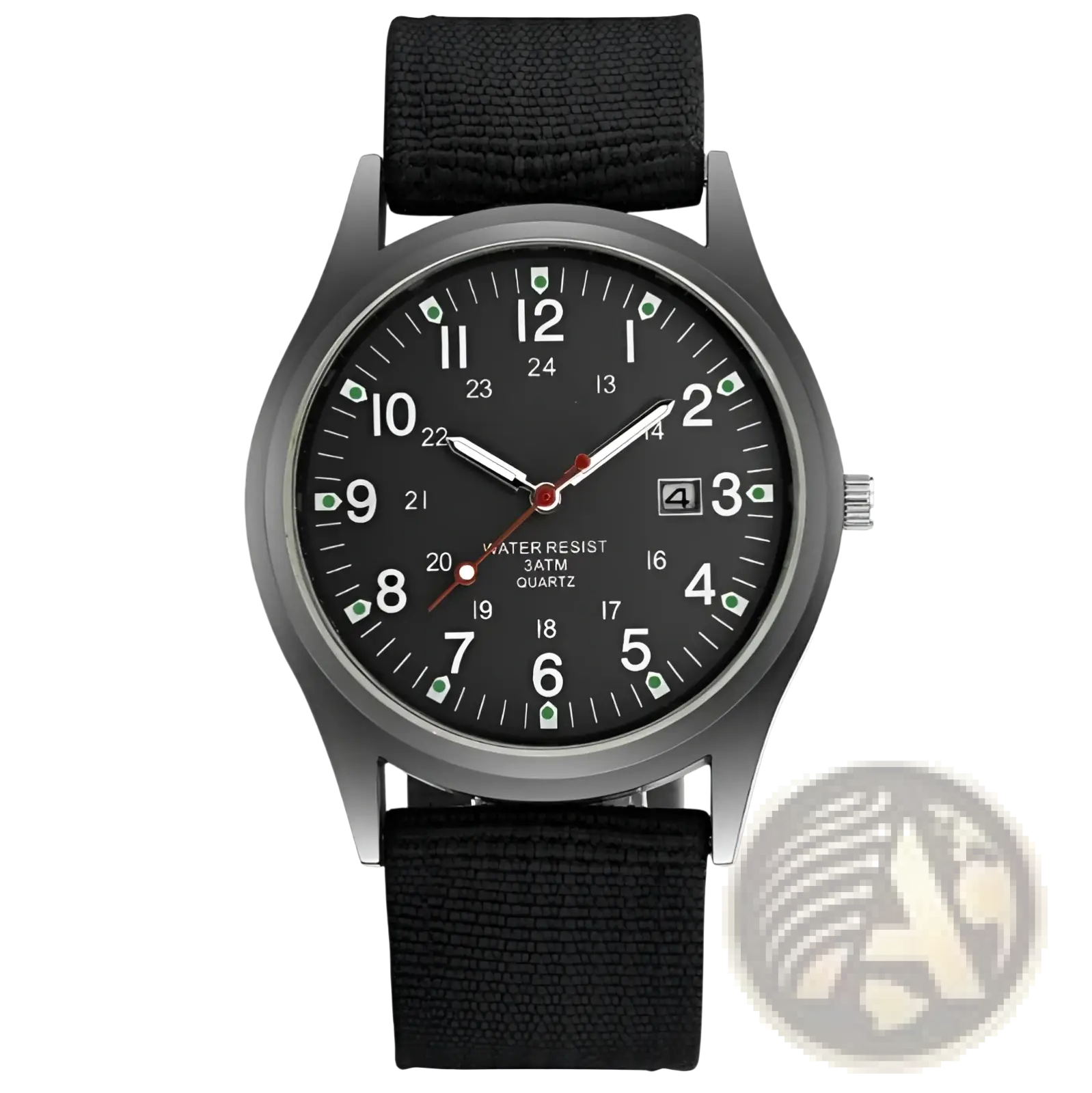Men luxury quartz watch with matte gray case black fabric strap and luminous green dial markers waterproof design