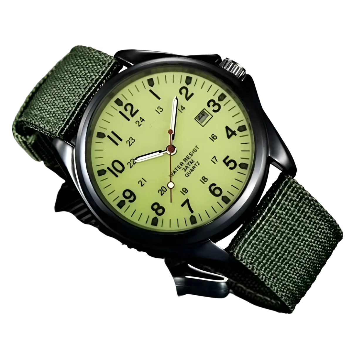 Men luxury quartz watch with luminous yellow dial, black case, and olive green nylon strap, waterproof and tactical