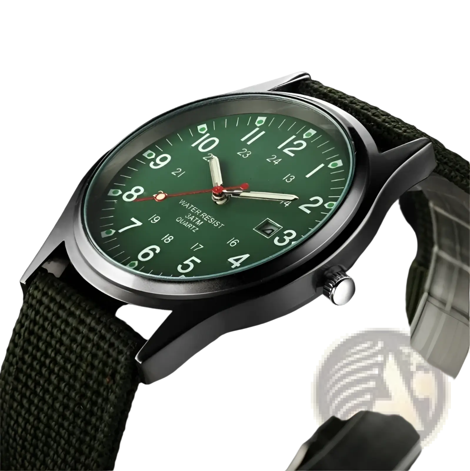 Men luxury quartz watch with military-style green dial, black metal case, olive-green woven strap, waterproof and luminous