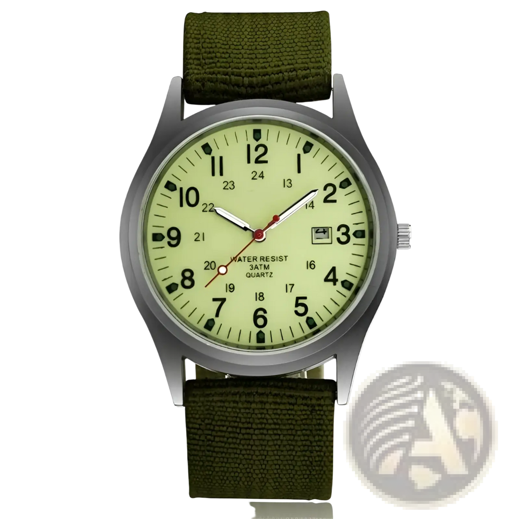 Men luxury quartz watch with olive green canvas strap silver-toned case and luminous pale yellow dial black numerals