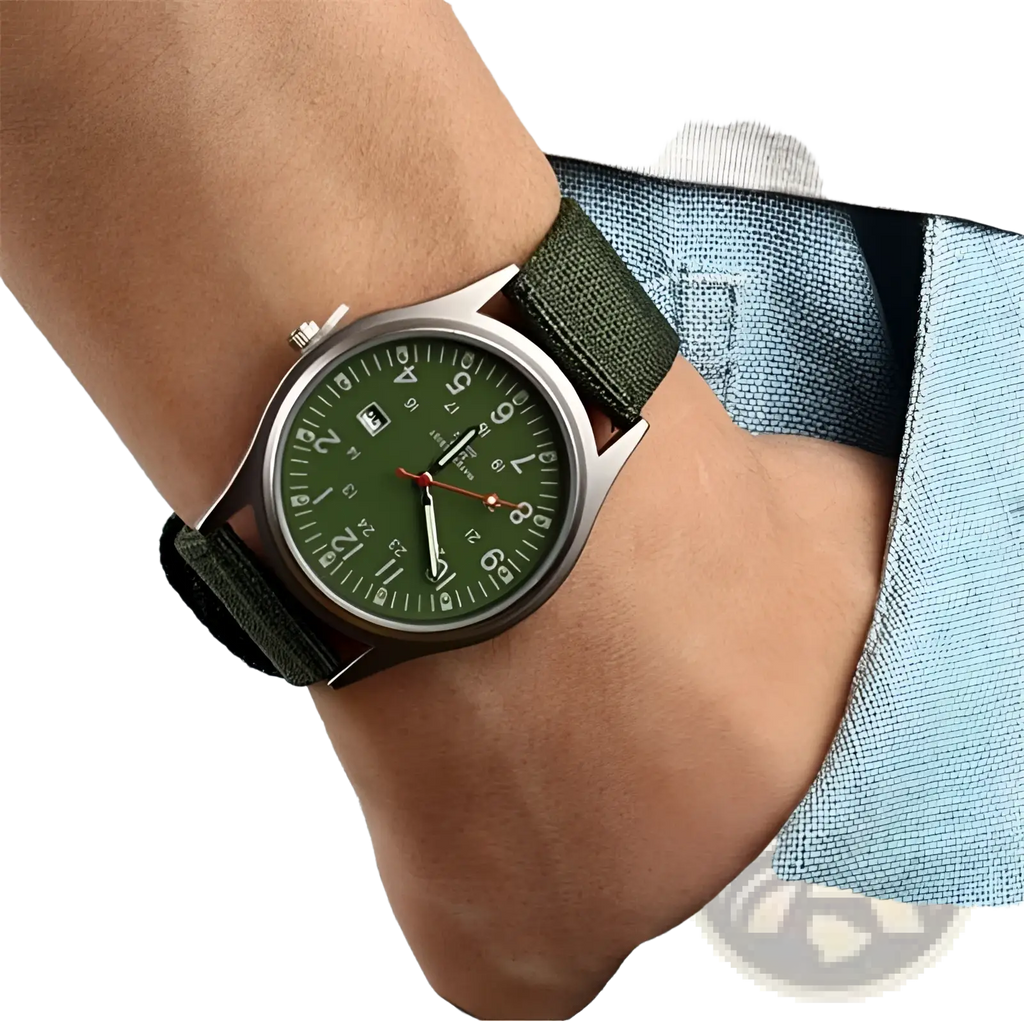 Men luxury quartz watch with olive green canvas strap silver case dark green luminous dial and red second hand