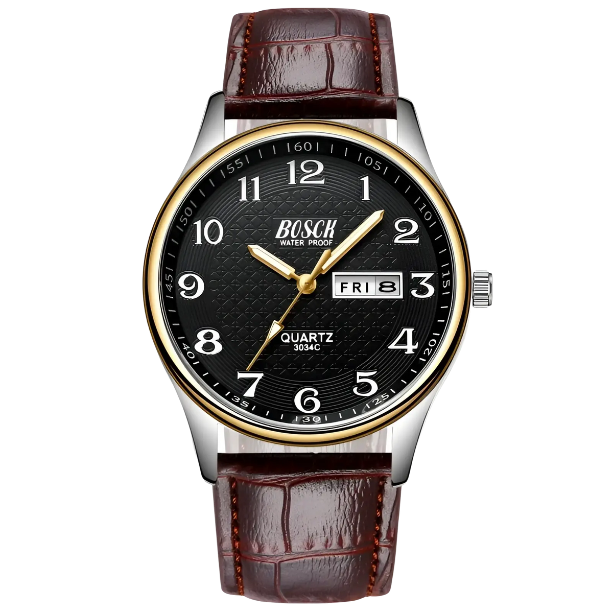 Bosch men luxury steel quartz watch with black textured dial gold-tone bezel and brown crocodile leather strap waterproof date
