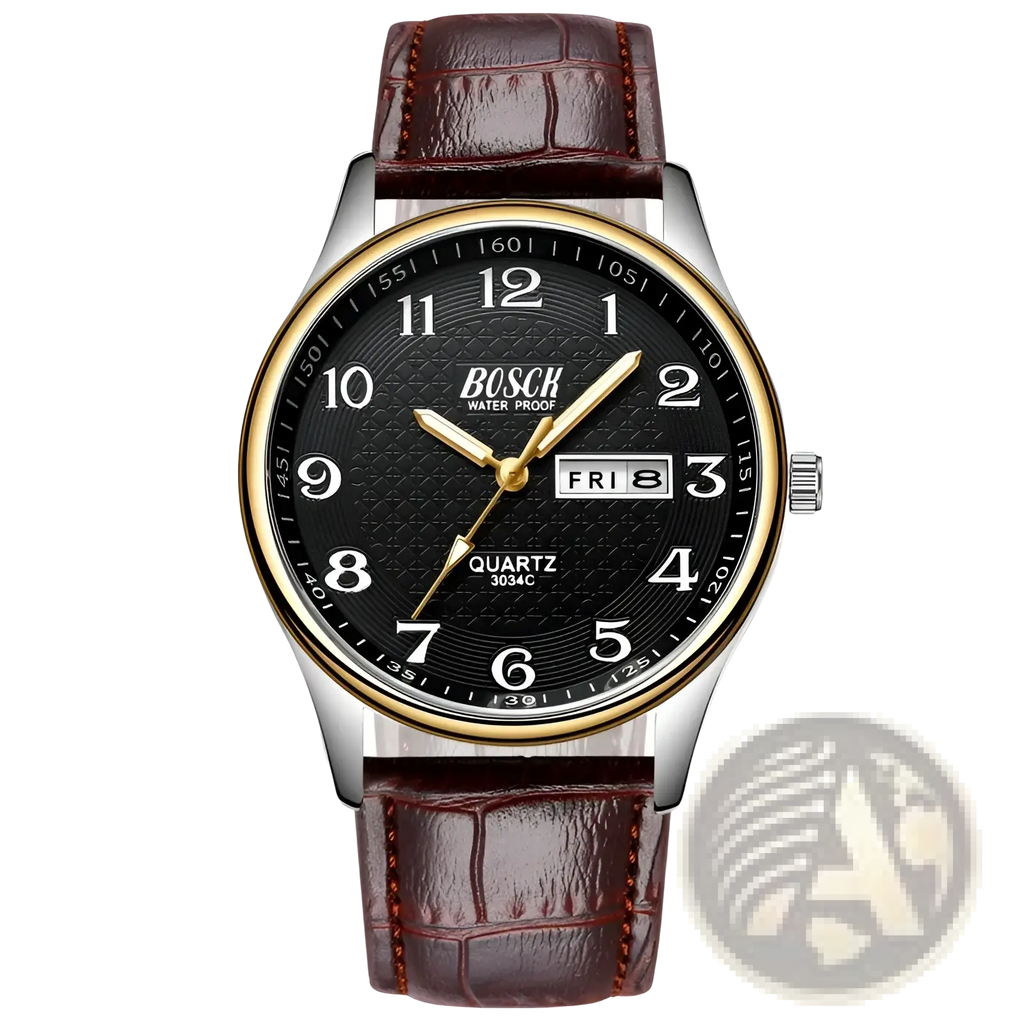 Bosch men luxury steel quartz watch with black textured dial gold-tone bezel and brown crocodile leather strap waterproof date