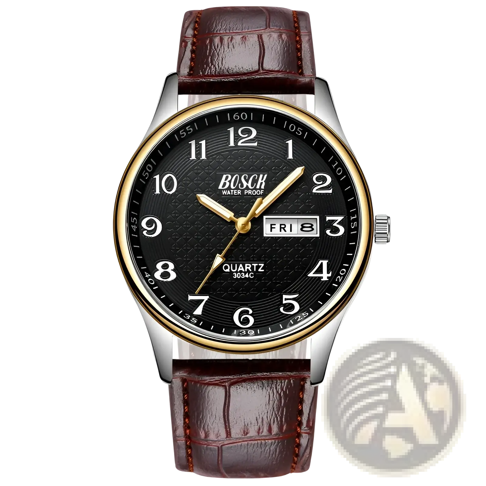 Bosch men luxury steel quartz watch with black textured dial gold-tone bezel and brown crocodile leather strap waterproof date