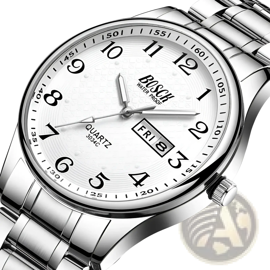 Bosch men’s luxury stainless steel quartz watch with white dial black arabic numerals and date display waterproof