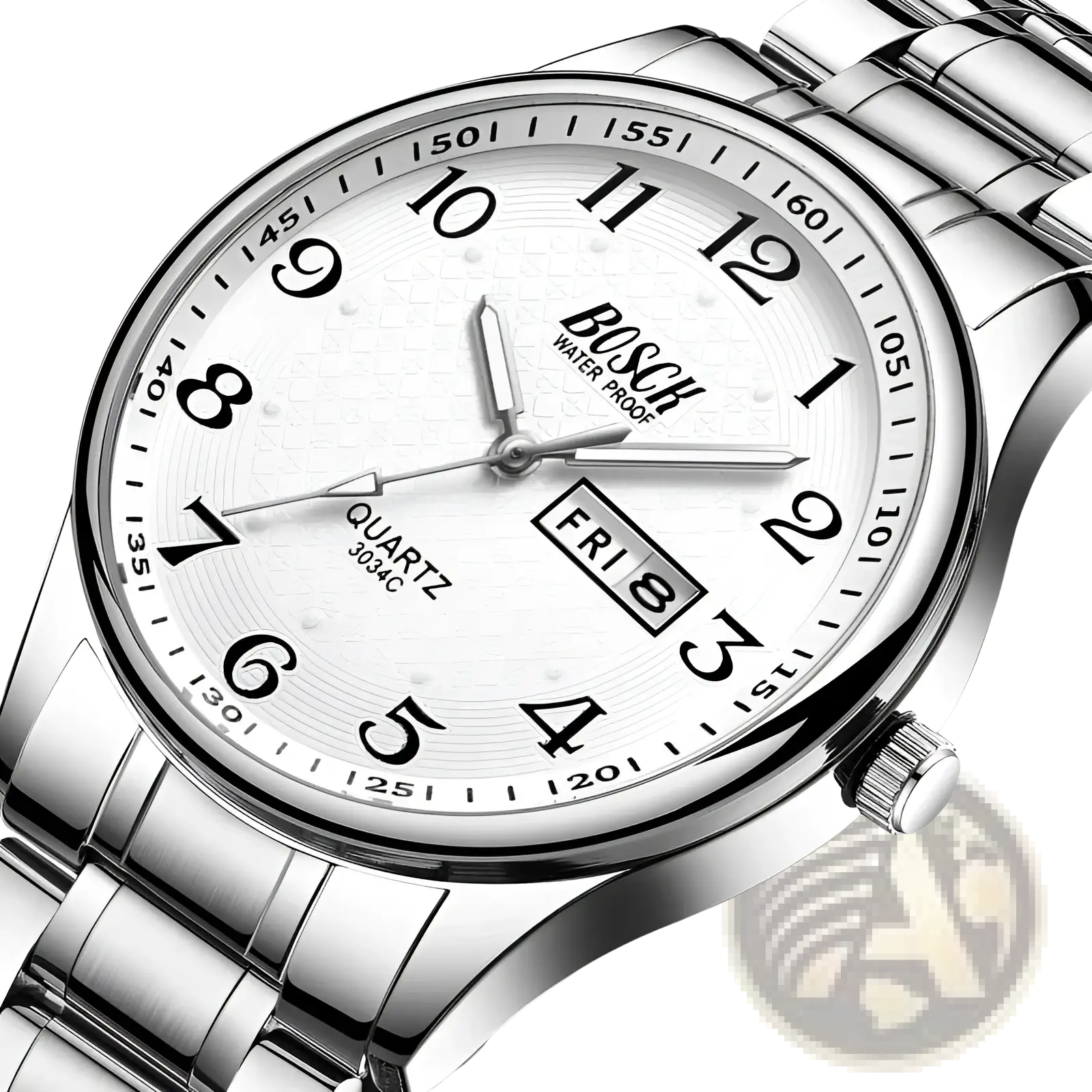 Bosch men’s luxury stainless steel quartz watch with white dial black arabic numerals and date display waterproof