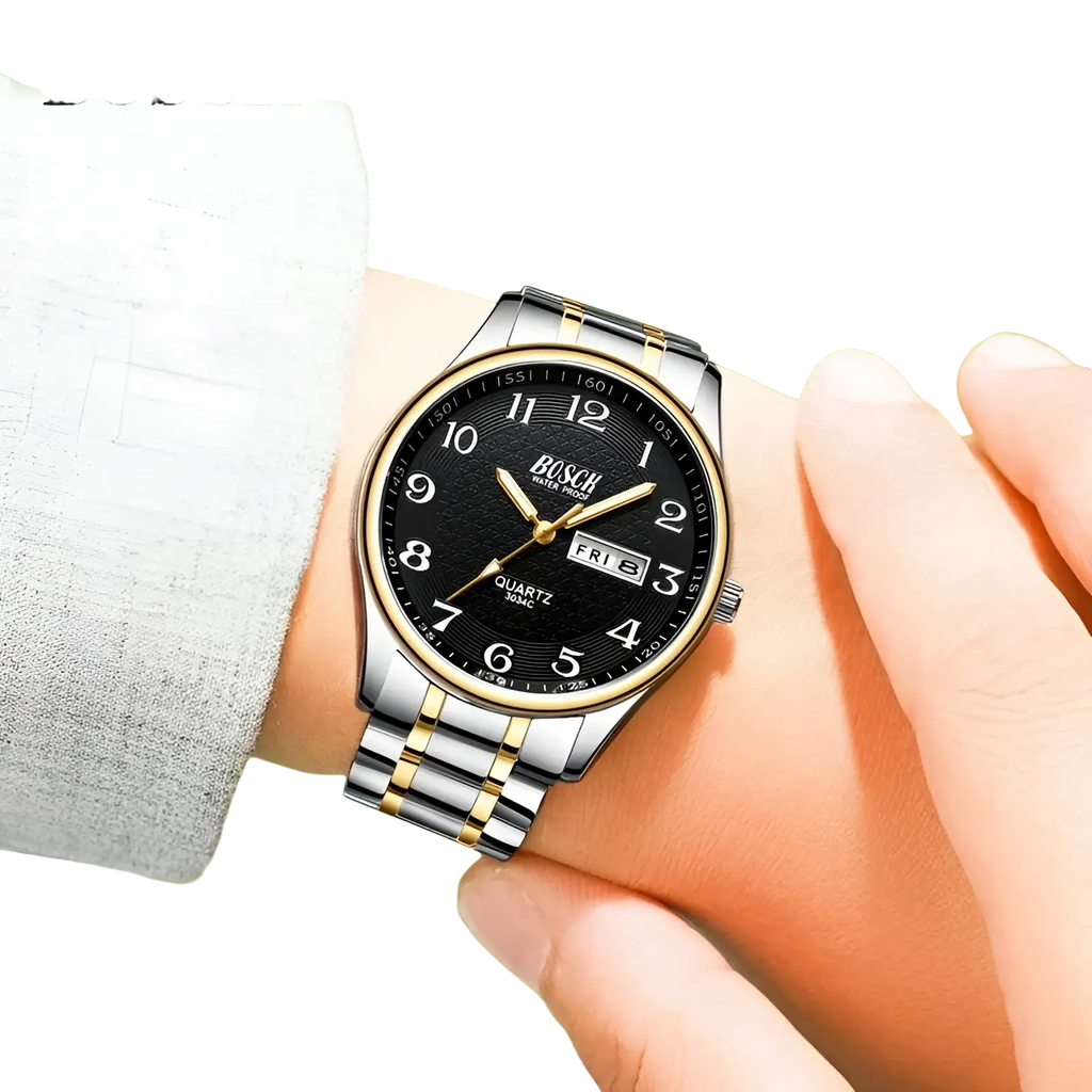 Bosch men luxury steel quartz watch with two-tone stainless steel and gold, black dial, white numerals, date, waterproof