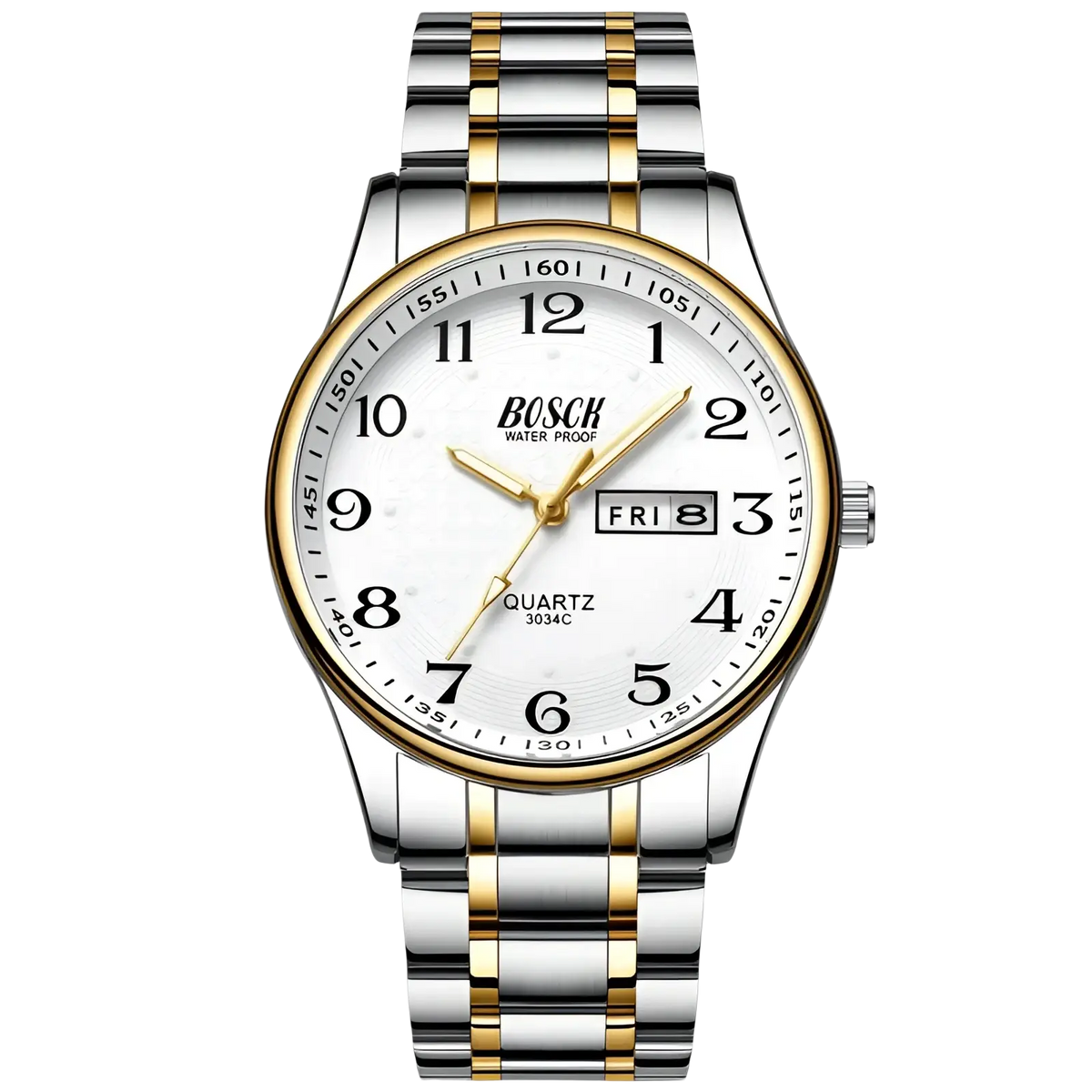 Bosch men luxury steel quartz watch with two-tone stainless steel and gold case, white dial, black arabic numerals, and date display
