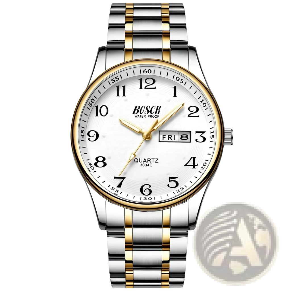Bosch men luxury steel quartz watch with two-tone stainless steel and gold case white dial date display and black numerals