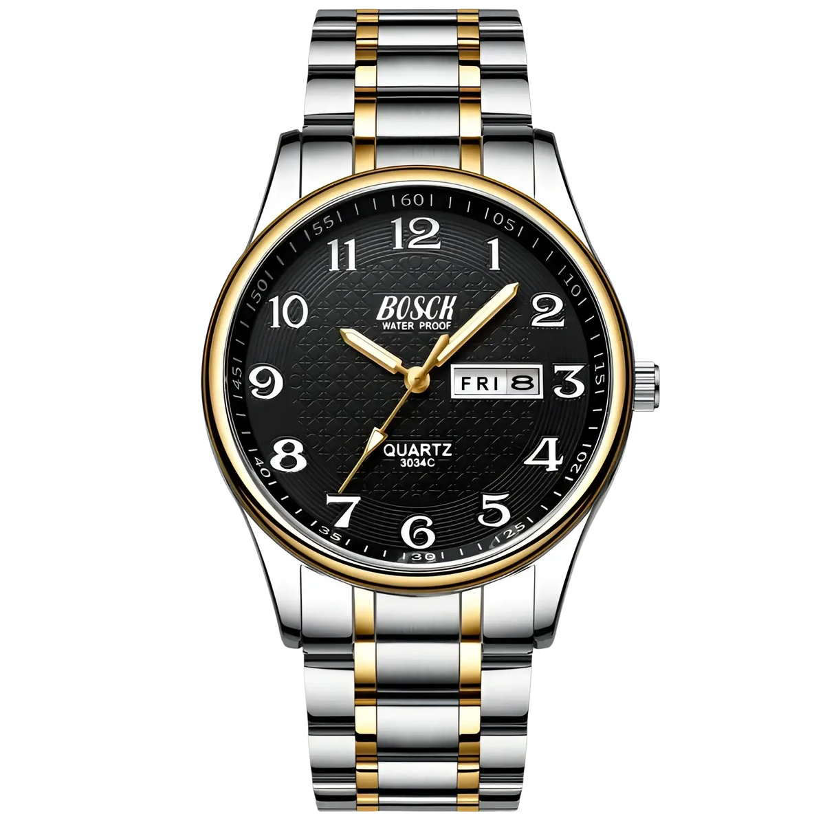 Bosch men luxury steel quartz watch with two-tone stainless steel and gold, black dial, date display, and waterproof design