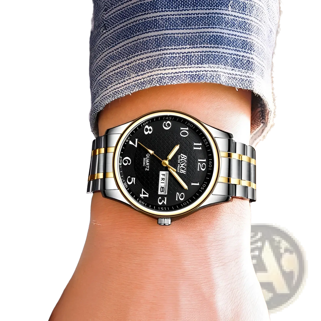 Bosck men luxury steel quartz watch with black dial silver and gold-tone stainless steel bracelet and date display