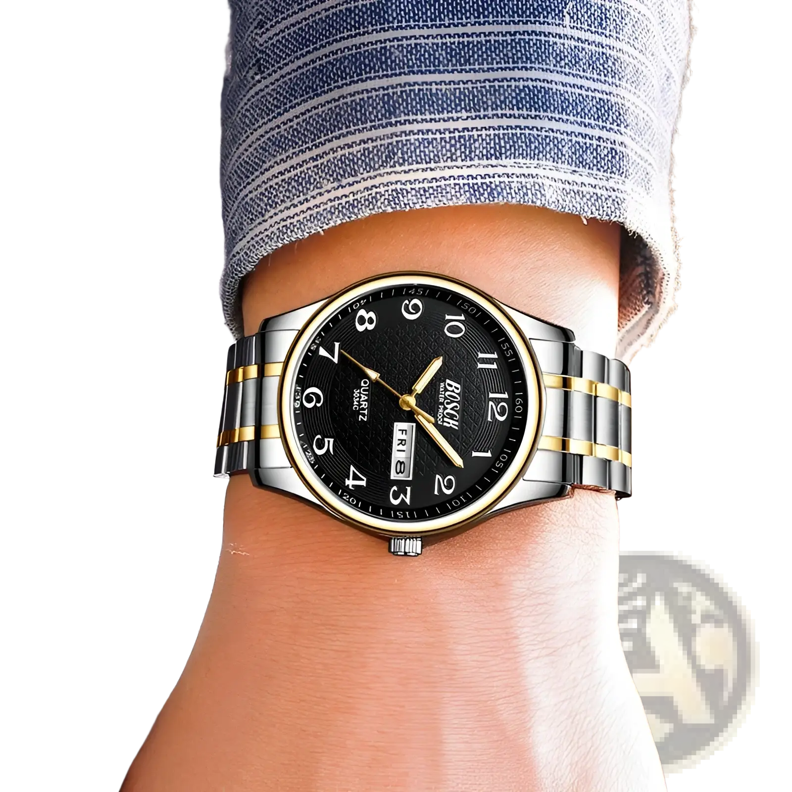 Bosck men luxury steel quartz watch with black dial silver and gold-tone stainless steel bracelet and date display