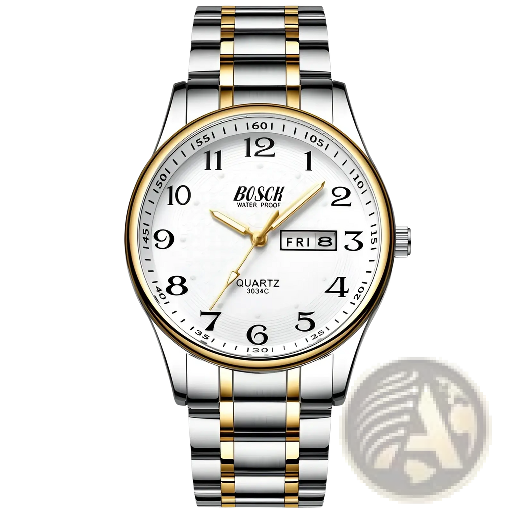 Bosch men luxury steel quartz watch with two-tone stainless steel and gold case, white dial, black arabic numerals, and date display