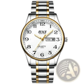 Bosch men luxury steel quartz watch with two-tone stainless steel and gold case, white dial, black arabic numerals, and date display
