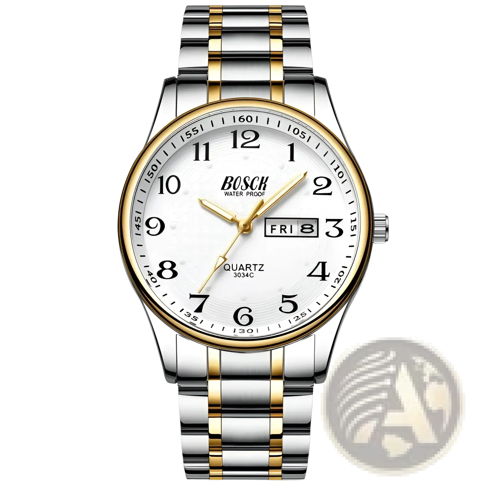 Bosch men luxury steel quartz watch with two-tone stainless steel and gold case, white dial, black arabic numerals, and date display