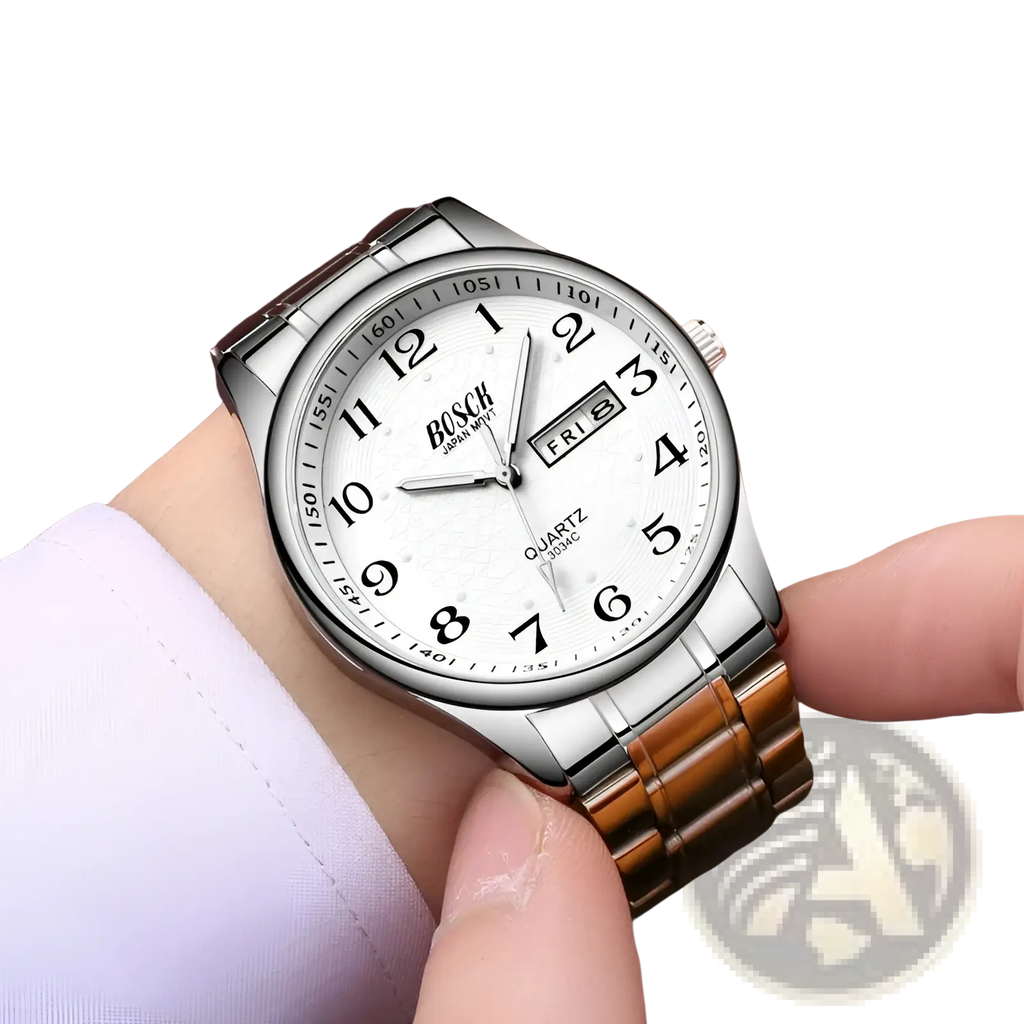 Silver and bronze two-tone stainless steel men luxury steel quartz watch with white dial black arabic numerals and date display