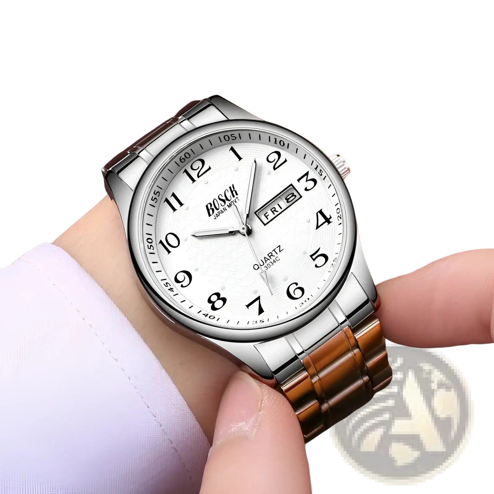Silver and bronze two-tone stainless steel men luxury steel quartz watch with white dial black arabic numerals and date display