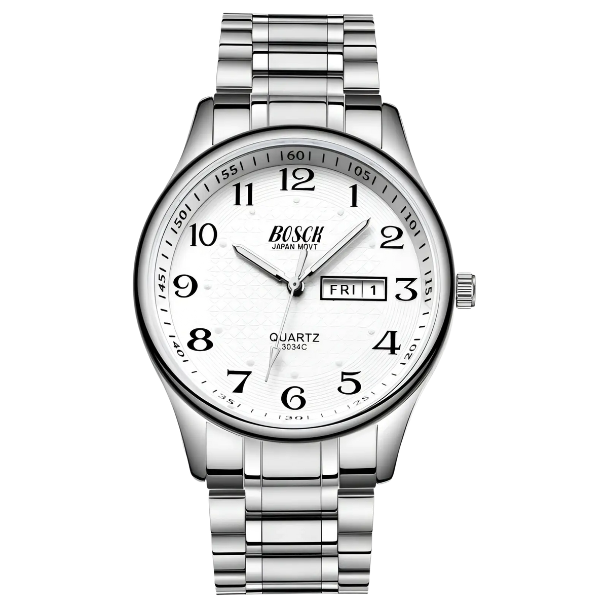 Men luxury steel quartz watch by Bosch silver tone with white dial black arabic numerals and date display waterproof design