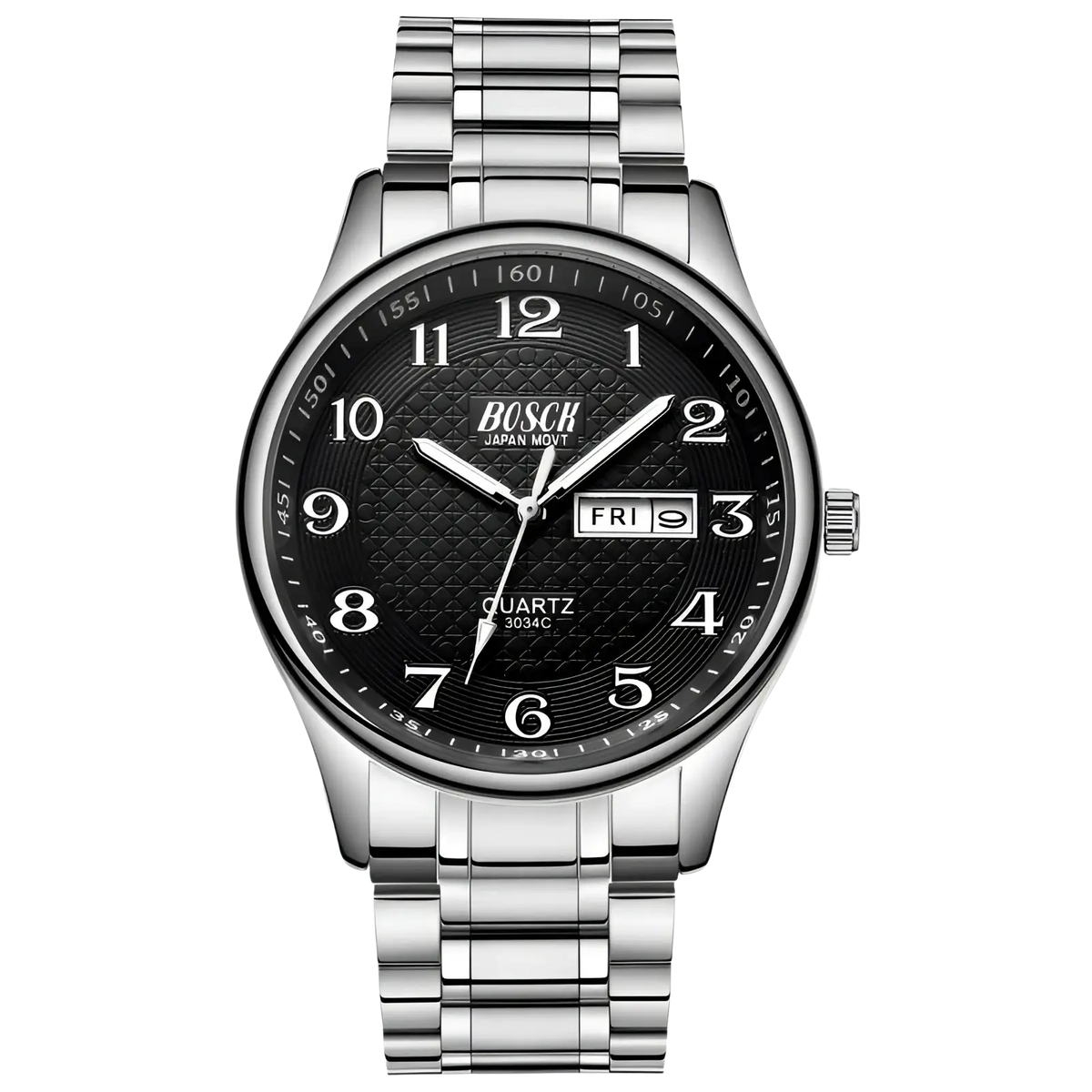 Silver-toned bosch men luxury steel quartz watch with black textured dial white arabic numerals and stainless steel bracelet