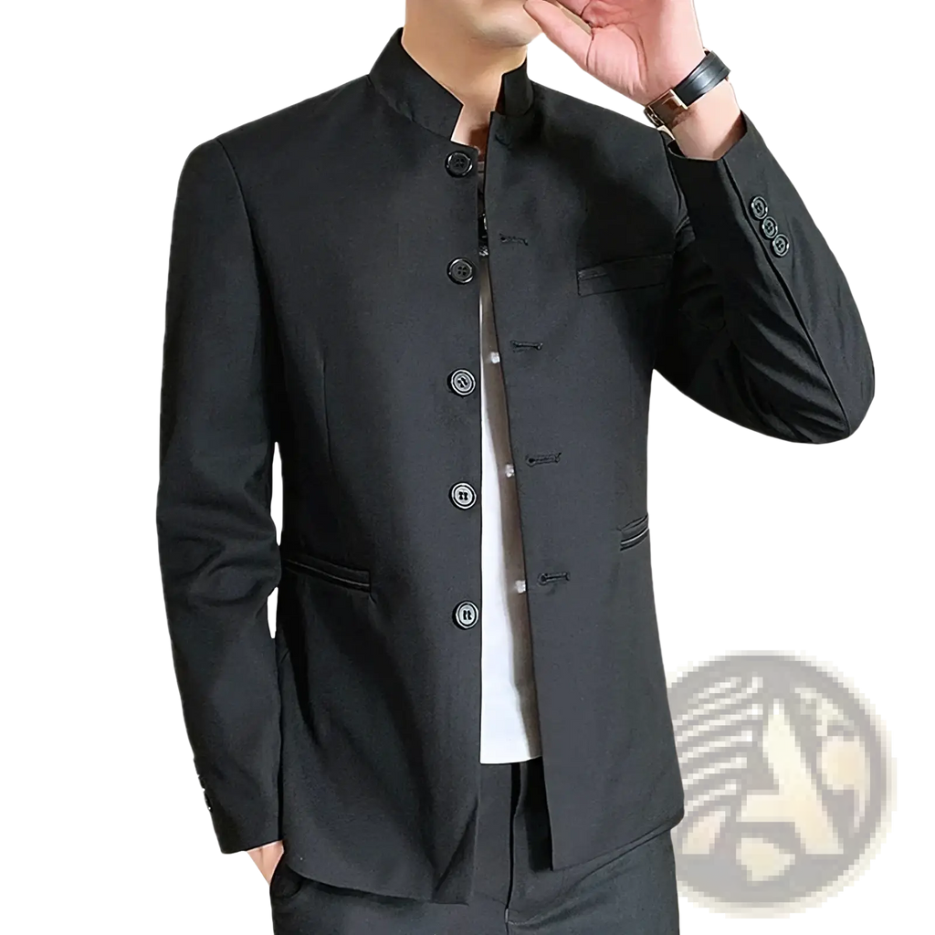 Black qj cinga men’s traditional-style blazer with mandarin collar and dark buttons in Chinese style suit jacket design