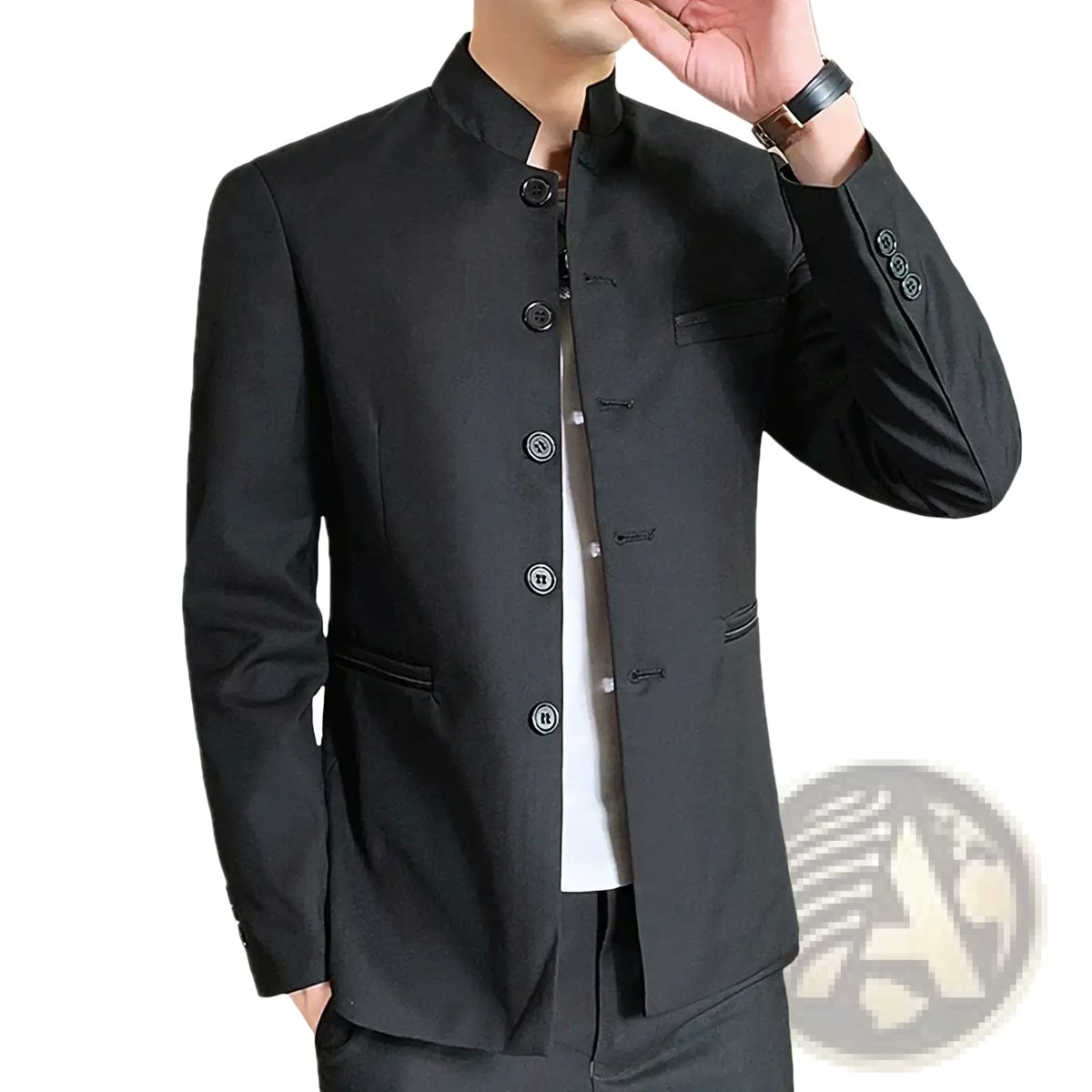 Black qj cinga men’s traditional-style blazer with mandarin collar and dark buttons in Chinese style suit jacket design