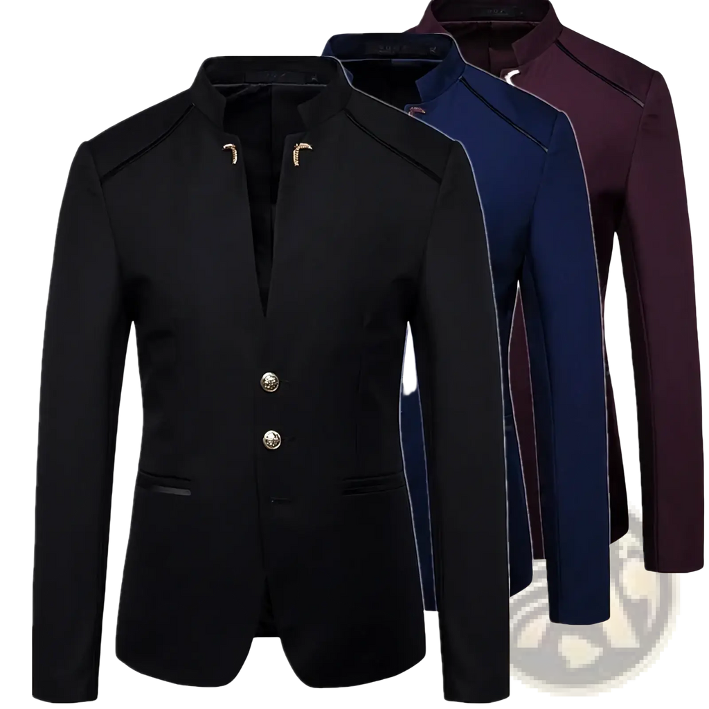 Black qj cinga men’s mandarin collar blazer with gold-tone buttons and contrasting stitching in chinese style