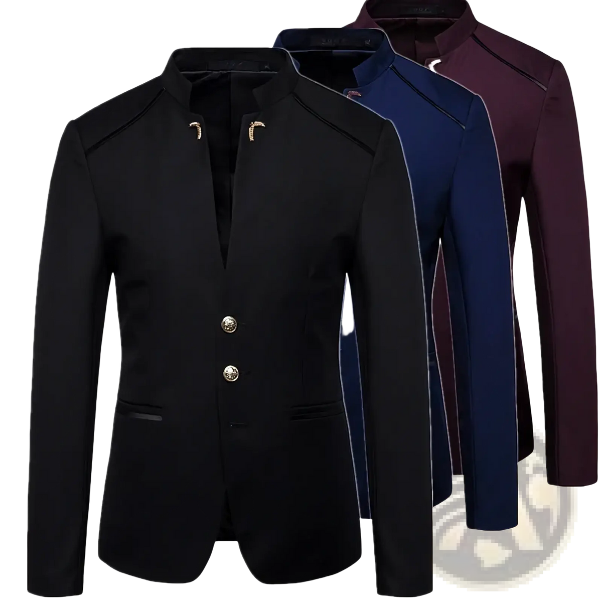 Black qj cinga men’s mandarin collar blazer with gold-tone buttons and contrasting stitching in chinese style