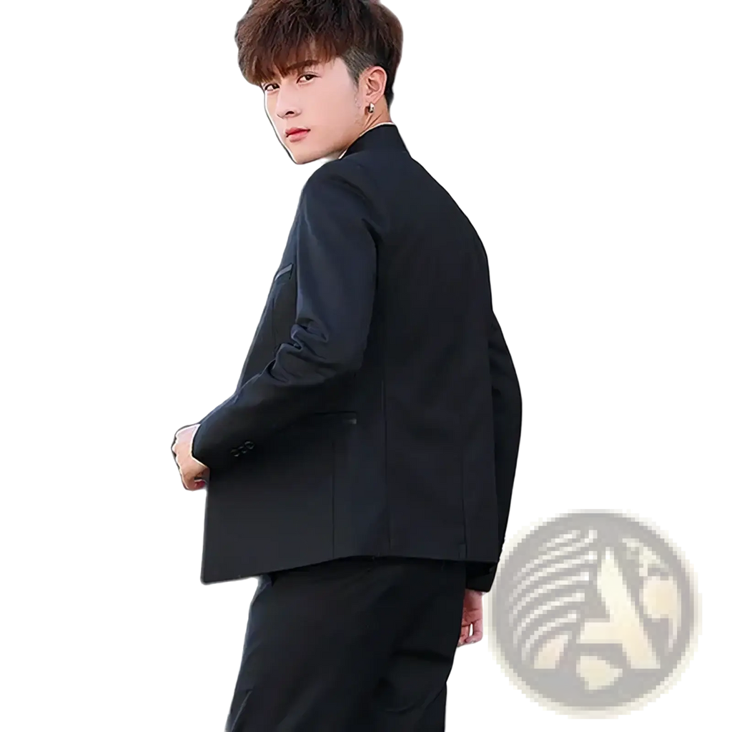 Men mandarin collar blazer Chinese style suit jacket in black with sleek modern cut and subtle stitching details