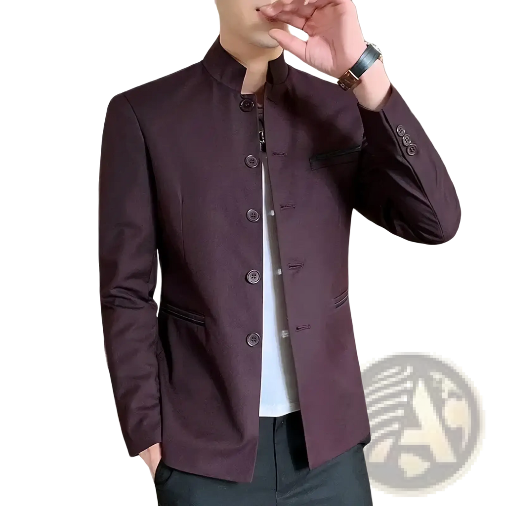Men mandarin collar blazer in dark purple tailored fabric with traditional button closures for formal occasions